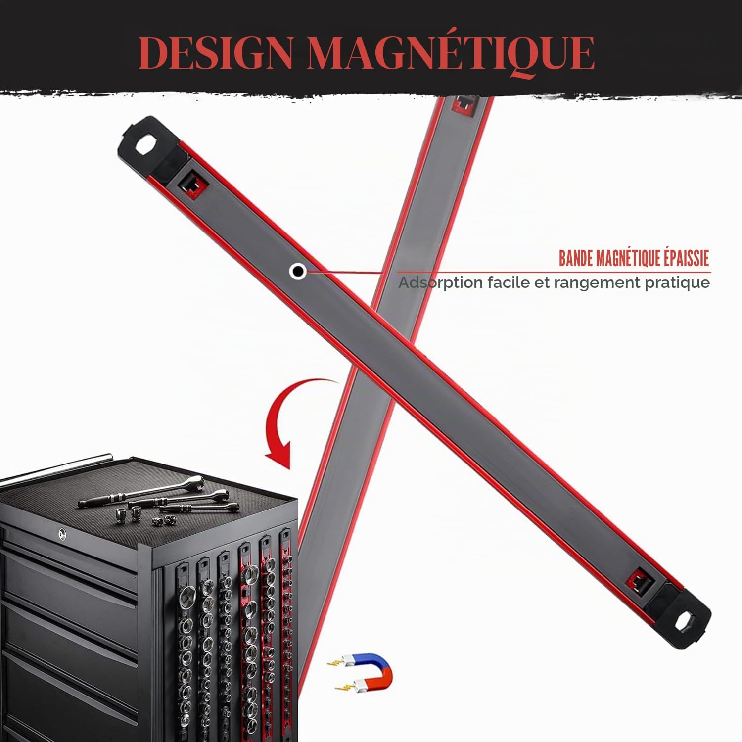  ACEBON Lot De 3 Rails à Douilles Magnétiques 1/4", 3/8" Et 1/2", Organisateur De Douilles En Aluminium Avec 40 Clips Rotatifs, Support De Douilles Magnétique Pour Garage, Atelier Et Boîte à Outils