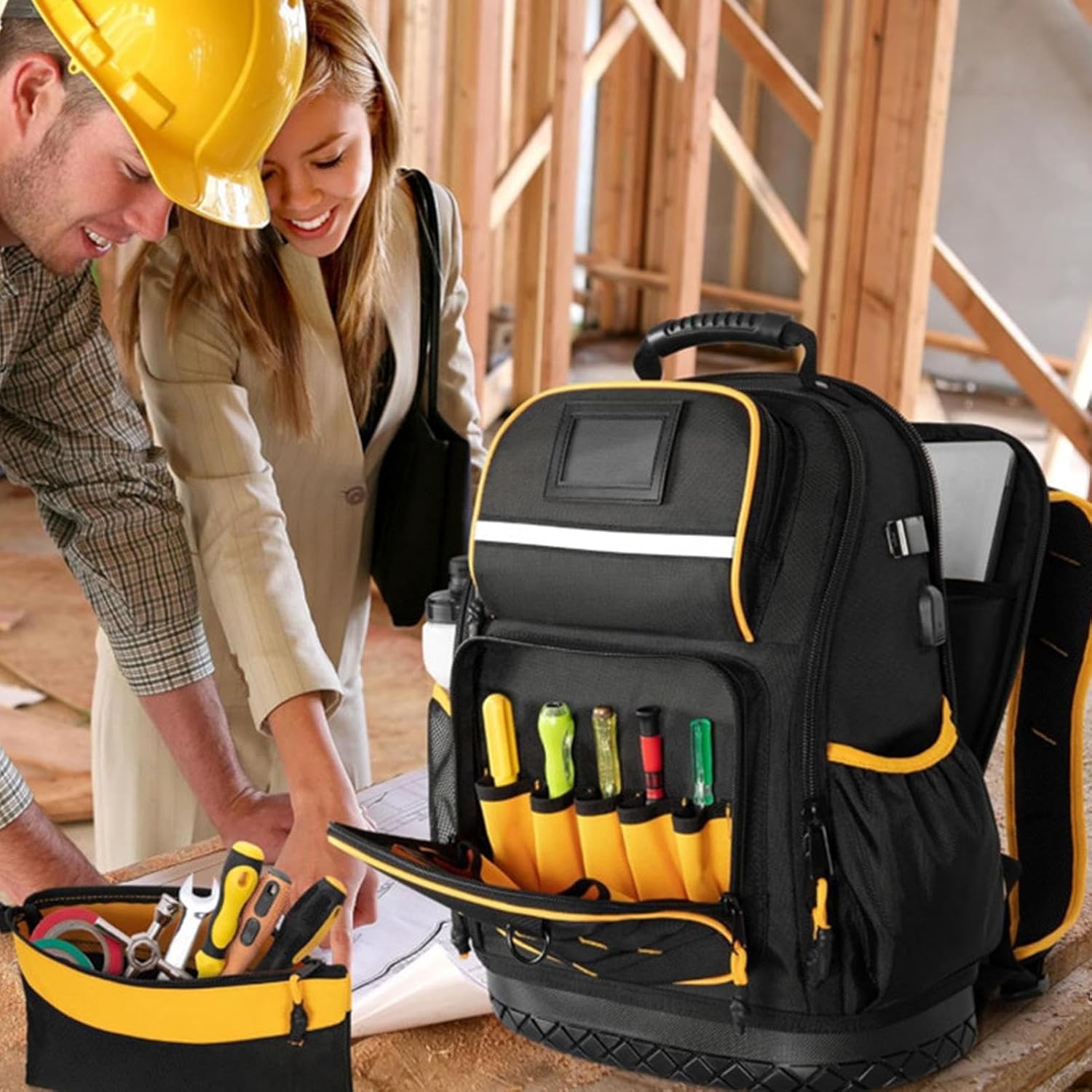  Sac à Dos Pour Outils, Organiseur De Rangement Avec Base Rigide Pour Travaux De Chantier, Sac à Outils Robuste Avec Plusieurs Compartiments Et Fermetures éclair Renforcées, Porte-outils Professionnel