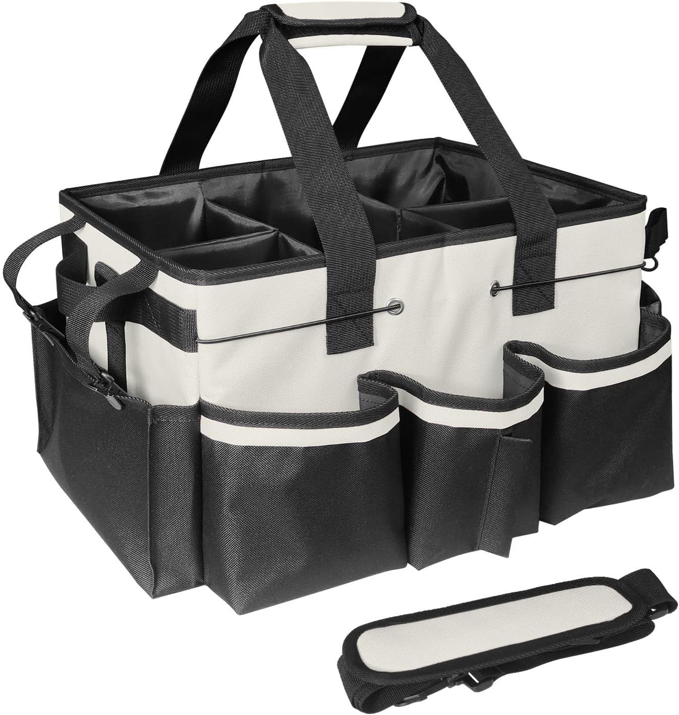  Sac De Rangement Multifonction En Toile Avec Poches Latérales En Maille Et Porte-poubelle Intégré Pour Outils De Nettoyage De La Maison, Du Jardin, Blanc