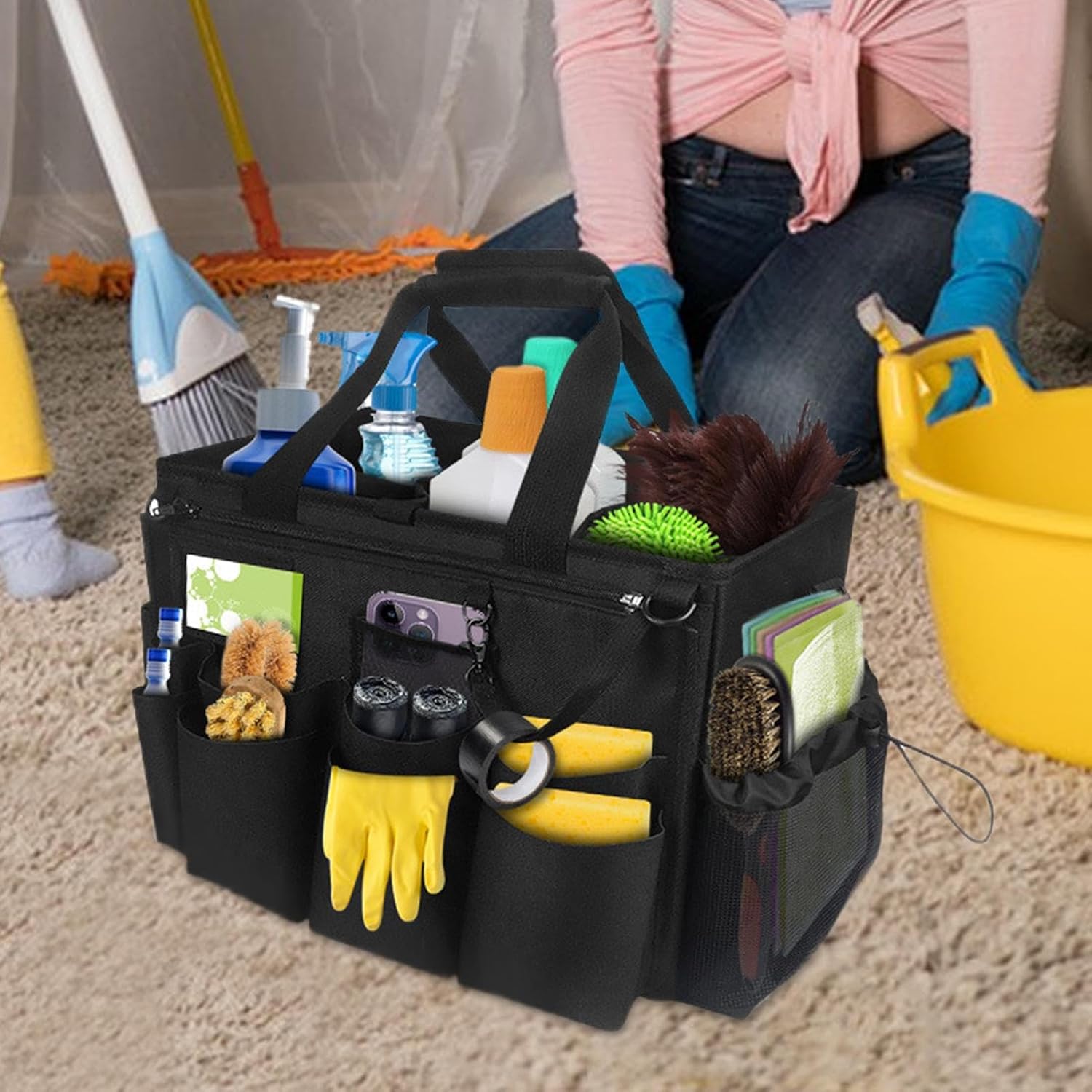  Générique Sac Pour Fournitures De Nettoyage - Organisateur Pour Fournitures De Nettoyage - Porte-Outils Mesh Respirant Imperméable Avec Poignée Bretelle Pour Chiffons Époussetage Cuisine