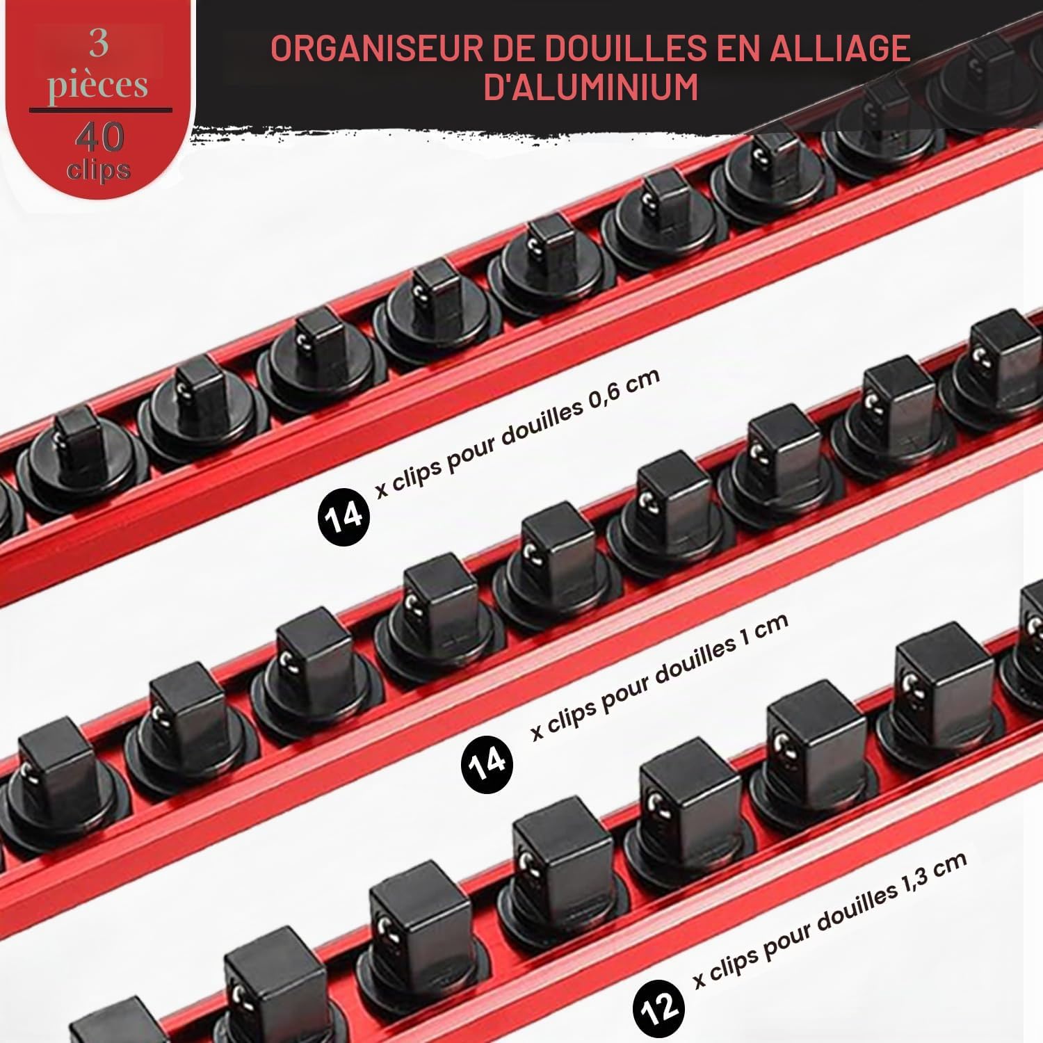  ACEBON Lot De 3 Rails à Douilles Magnétiques 1/4", 3/8" Et 1/2", Organisateur De Douilles En Aluminium Avec 40 Clips Rotatifs, Support De Douilles Magnétique Pour Garage, Atelier Et Boîte à Outils