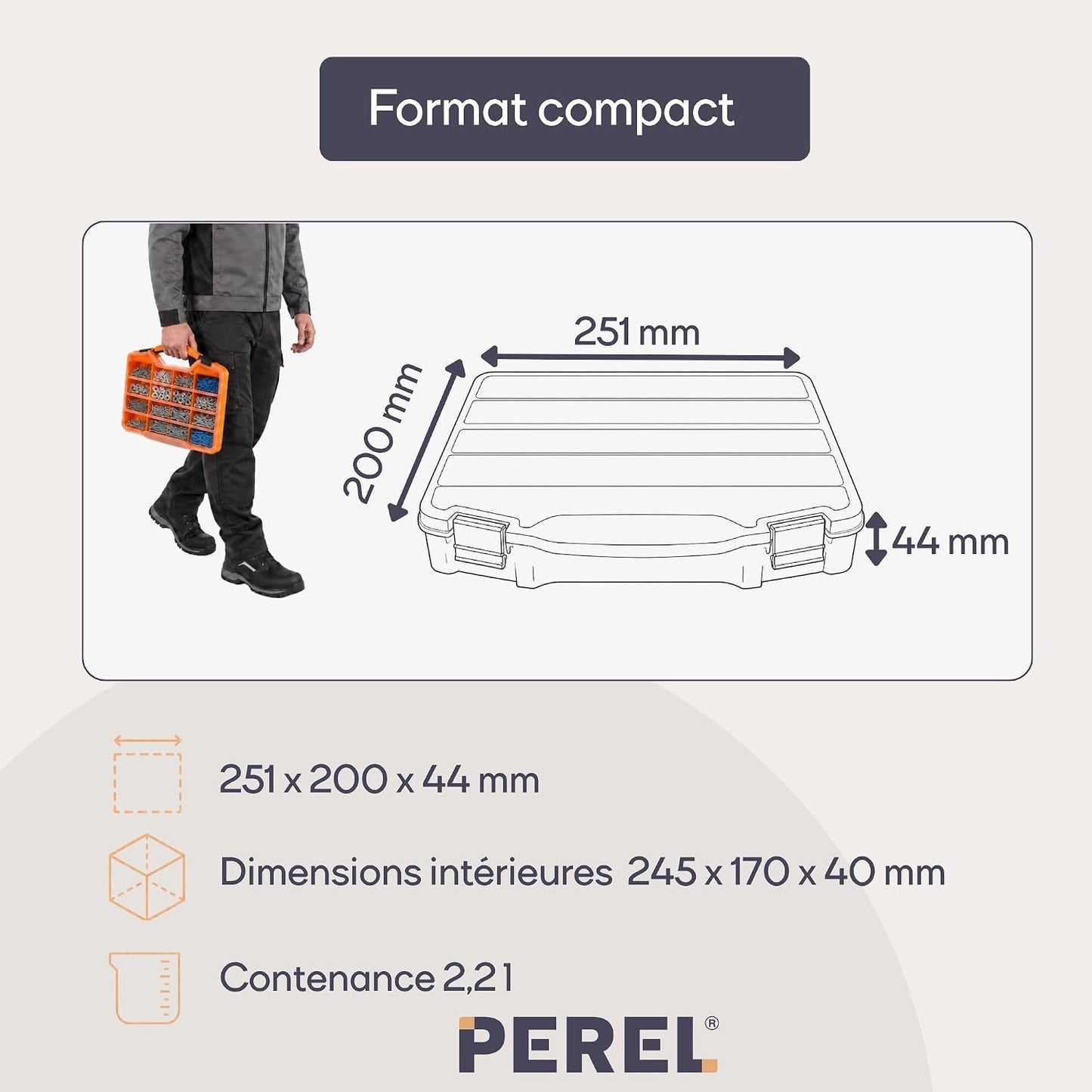  Perel Boîte D’assortiment En Plastique Avec 10 Compartiments Fixes, Couvercle Transparent, Empilable, Pour Vis, écrous, Clous Et Petites Pièces, Atelier, Garage Et Loisirs