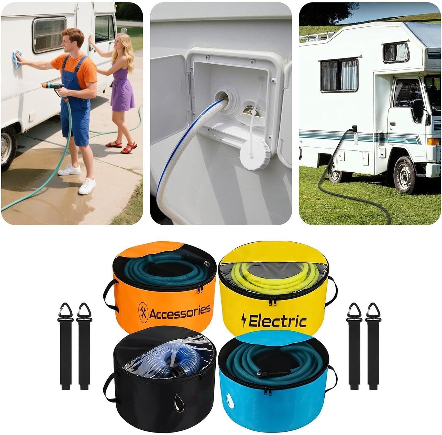  Sac À Tuyau D'Eau Camping-Car | 4 Pochettes Imperméables Et Respirantes | Sac Pour Tuyau D'Eau Avec Double Fermeture Éclair Et Fenêtre Transparente,Pour Câbles Électriques Et Outils Camping
