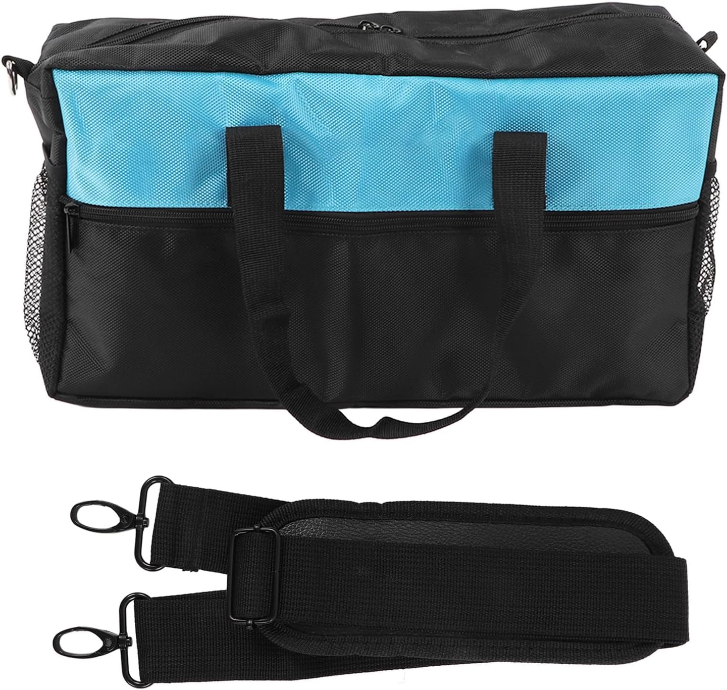 Sac à Outils Robuste En Tissu Oxford à Large Bouche, Sac à Outils Pour électricien Avec Poches, Organisateur De Rangement, Noir Bleu (16 Pouces)