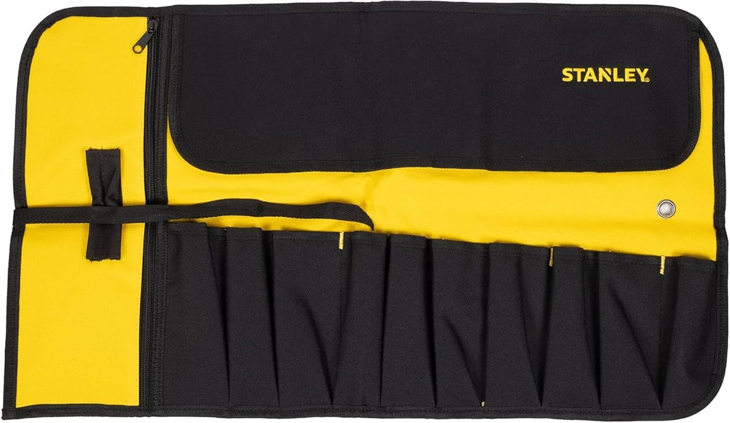  Stanley 1-93-601 Pochette Porte-Outils - 1 Compartiment Zippé Par Fermeture Éclaire, Toile 300 X 300 Deniers En Nylon - 12 Pochettes Compartimentées - Rabat De Protection - Fermeture Par Sangle Multicolore