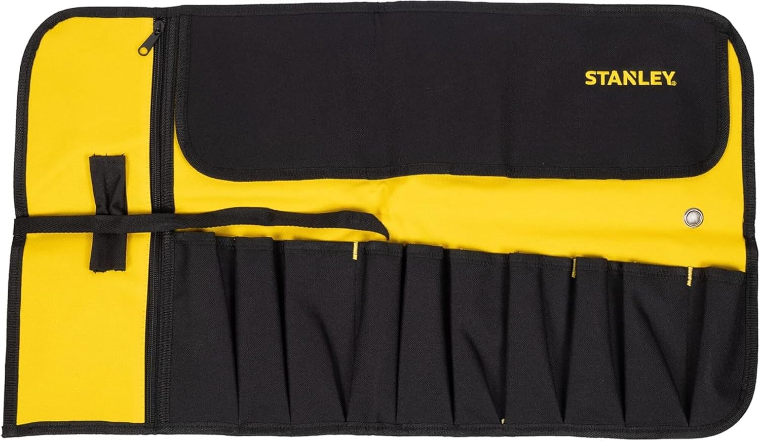  Stanley 1-93-601 Pochette Porte-Outils - 1 Compartiment Zippé Par Fermeture Éclaire, Toile 300 X 300 Deniers En Nylon - 12 Pochettes Compartimentées - Rabat De Protection - Fermeture Par Sangle Multicolore