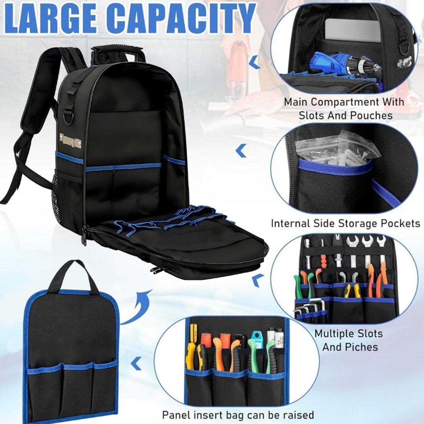 GENERIC Sac à Dos à Outils Robuste – Sac De Rangement à Base Rigide Pour équipement De Travail | Organiseur Multi-poches Avec Structure Renforcée, Technicien électricien Pour La Construction De Plombiers