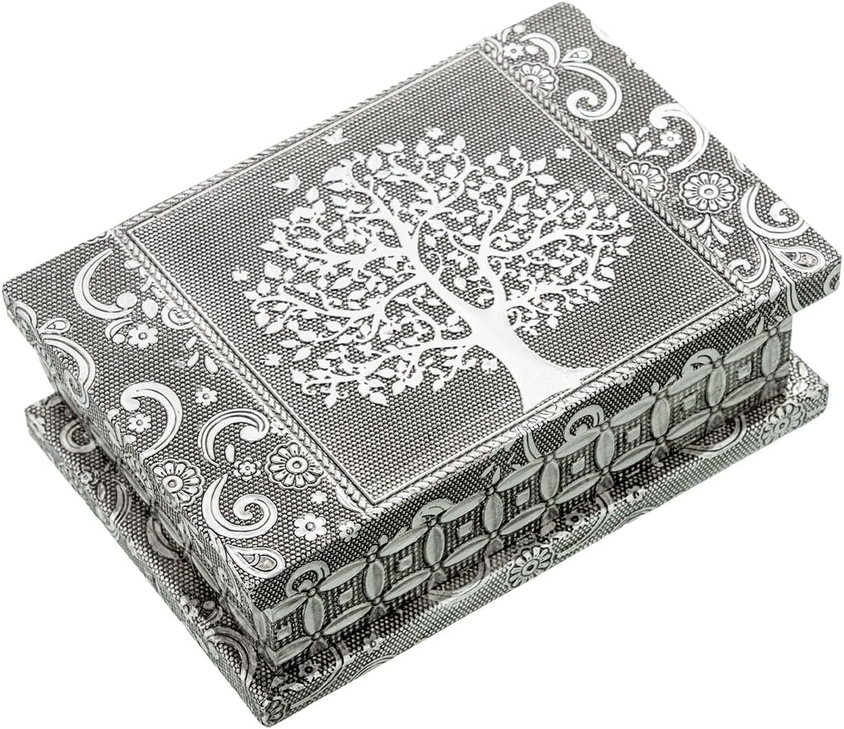  DRW Boîte à Bijoux En Métal Rectangulaire Décorative Arbre De Vie En Argent De Style Hindu 15 X 10 X 5 Cm