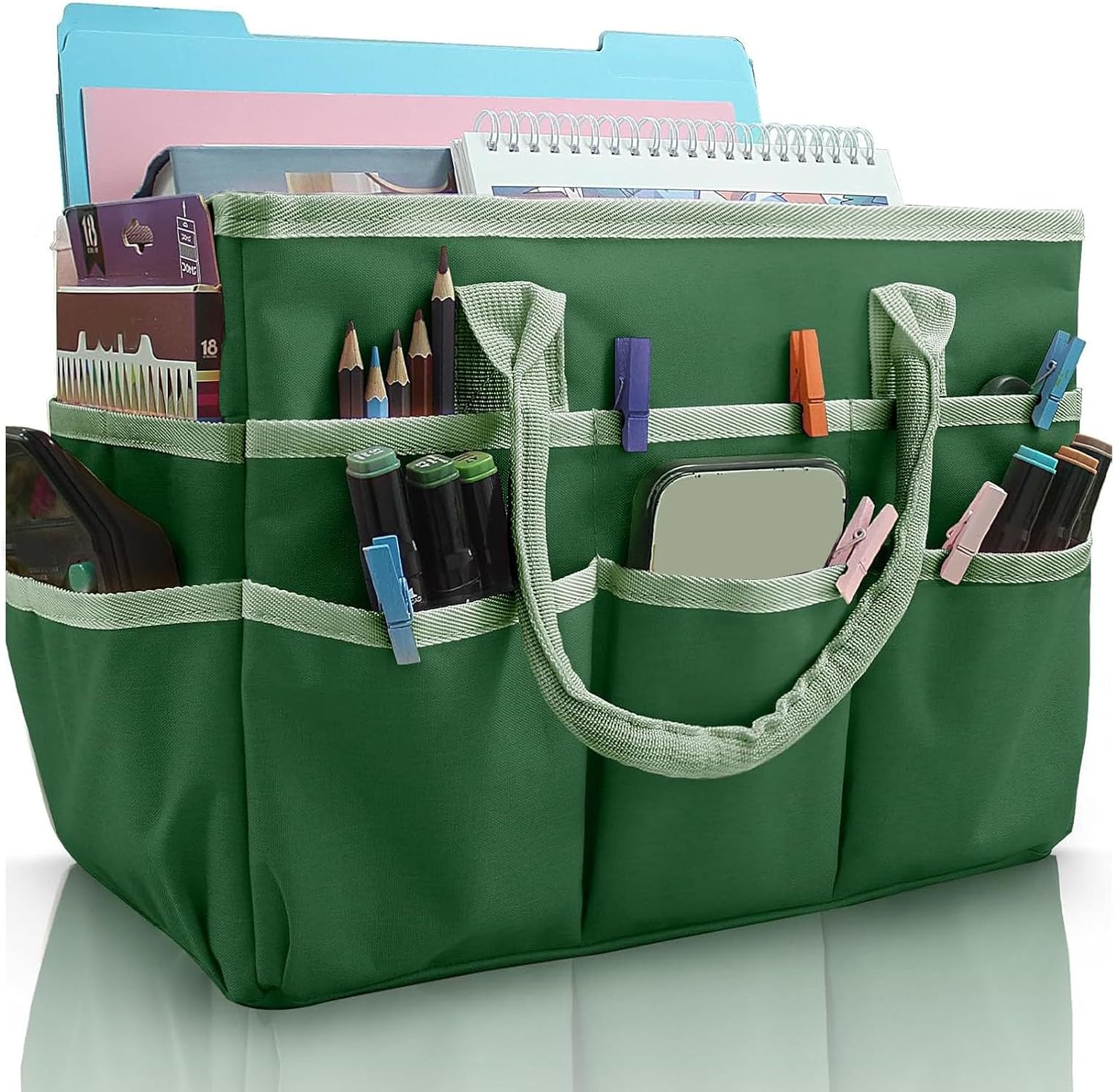  Srliya Sac De Rangement Artisanal 10 Poches En Tissu Oxford, Rangement Spacieux Pour Les Arts Et L'artisanat, Papeterie Pour Enseignant, Sac à Outils De Jardinage De Couture (Verte)