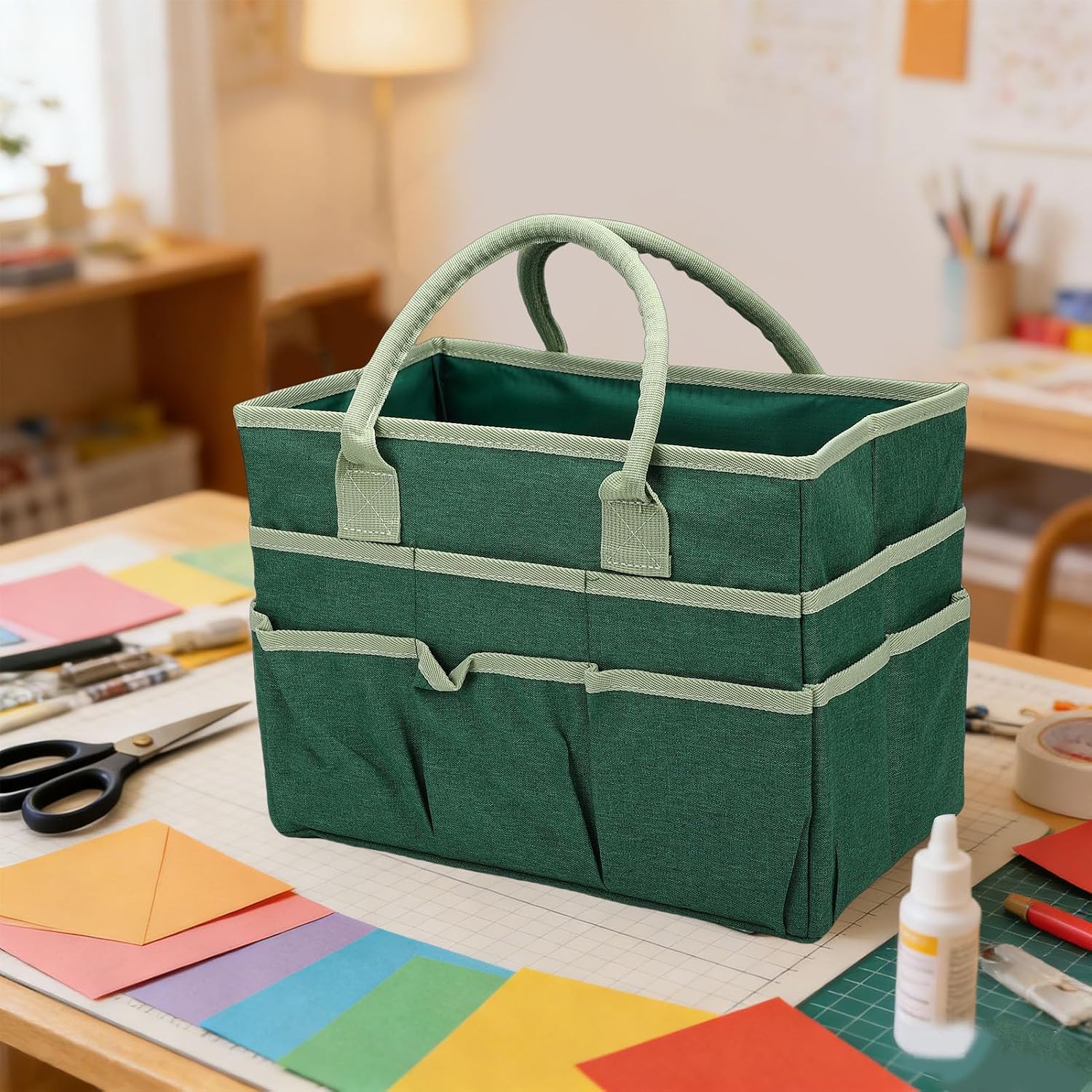  Srliya Sac De Rangement Artisanal 10 Poches En Tissu Oxford, Rangement Spacieux Pour Les Arts Et L'artisanat, Papeterie Pour Enseignant, Sac à Outils De Jardinage De Couture (Verte)
