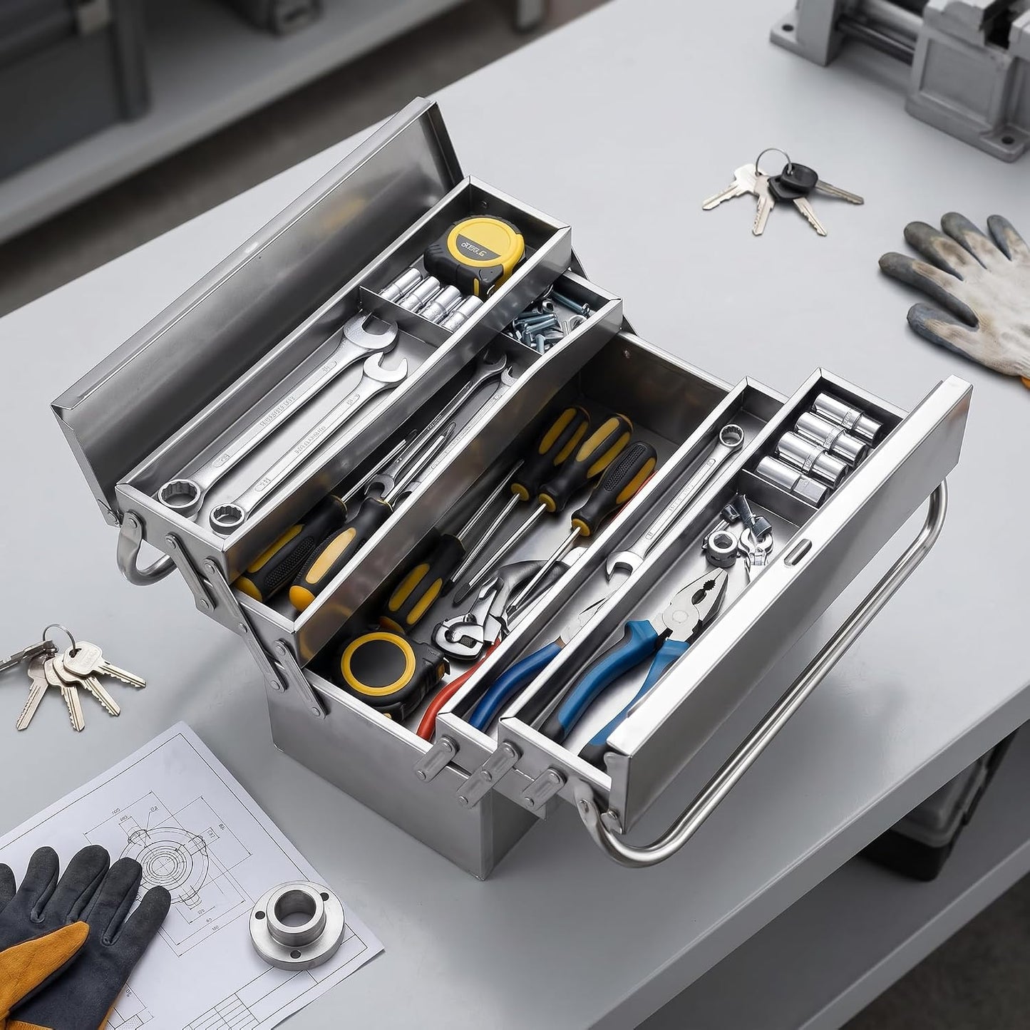  Boîte à Outils Cantilever En Métal, Multifonctionnelle, Haute Dureté, Facile à Nettoyer, Portable, Rétractable, Boîte à Outils Pour Entretien Automobile (460)