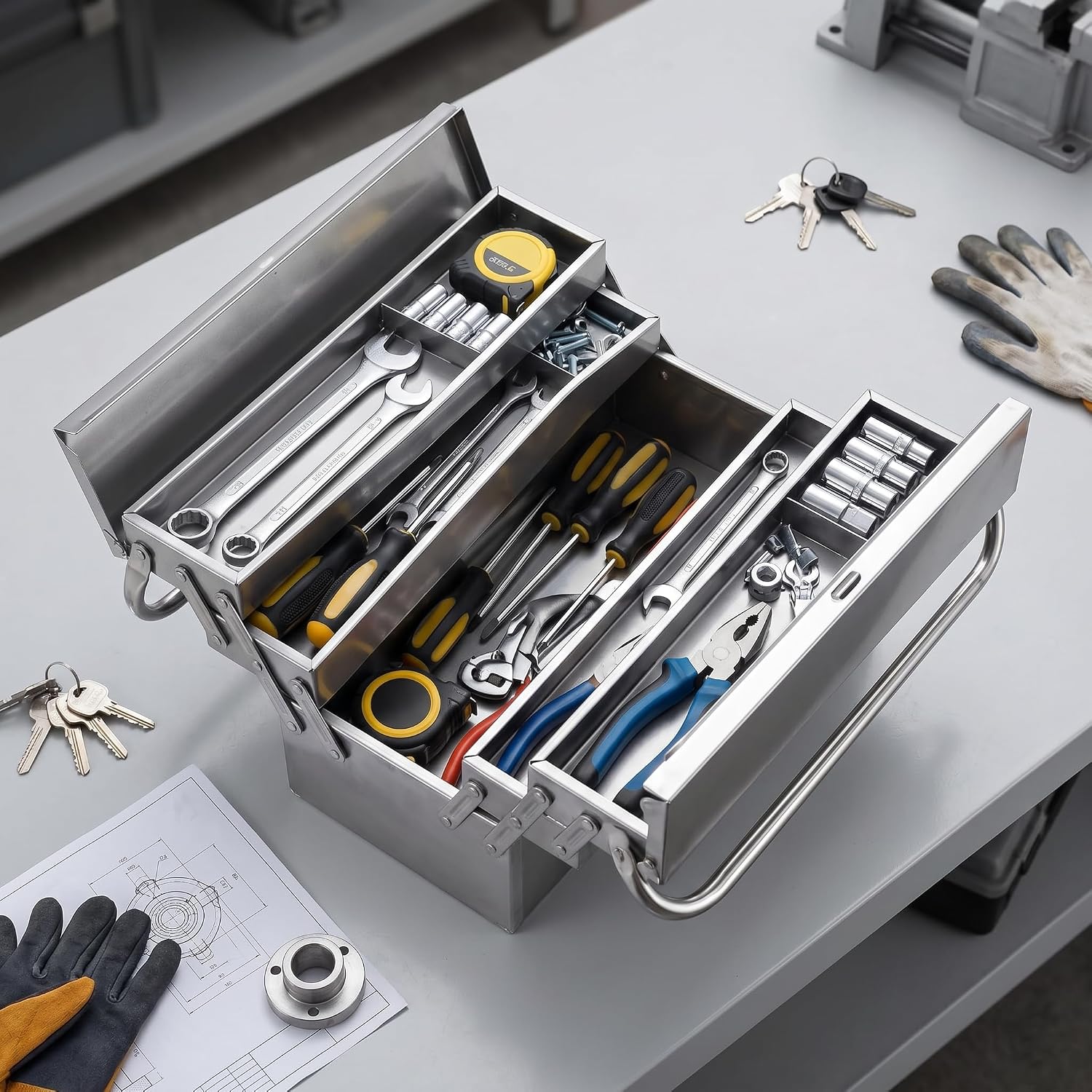  Boîte à Outils Cantilever En Métal, Multifonctionnelle, Haute Dureté, Facile à Nettoyer, Portable, Rétractable, Boîte à Outils Pour Entretien Automobile (460)