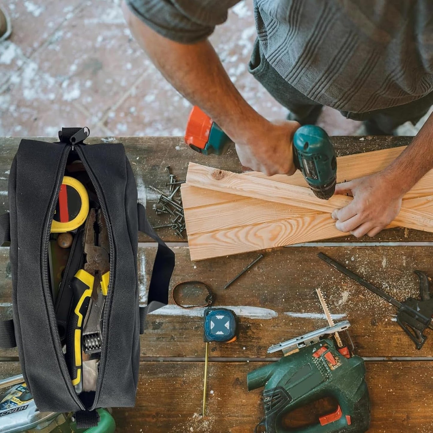  Porte-outils Extra Large à Fermeture éclair Avec Compartiment De Grande Capacité, Parfait Pour Organiser L'ensemble De Réparation Automobile, Sac Léger En Métal