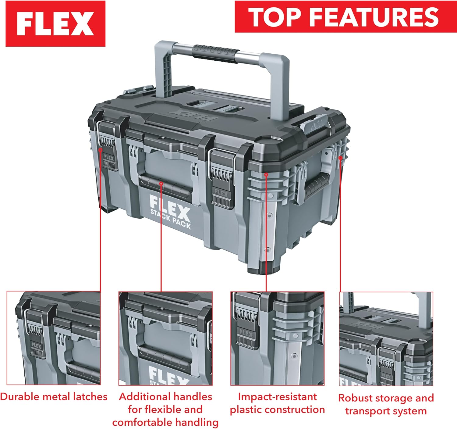  Flex - Boîte à Outils Empilable - Rangement Pour Outils Et Accessoires En Plastique Résistant Aux Chocs Avec Coins Renforcés En Aluminium, Loquet En Métal, Etc