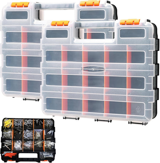  DASBET Lot De 2 Organiseurs à Outils Double Face à 34 Compartiments Personnalisables Avec Couvercle Transparent - Assortiment De Matériel De Bricolage Pour Vis, écrous, Petites Pièces