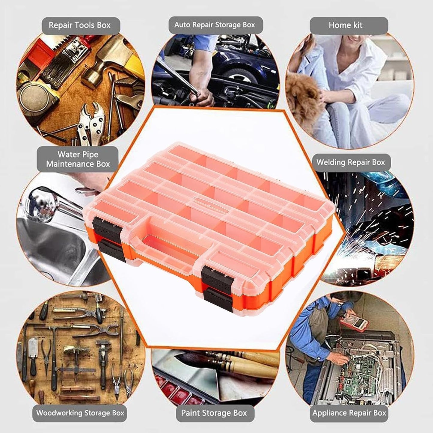 Genérico Boîte à Outils Double Face à 34 Compartiments, Séparateurs Amovibles, Design Transparent, Matériau PP, 32 X 27 X 8 Cm, 810 G, Boîte à Outils Pour Vis, Boulons, écrous, Forets
