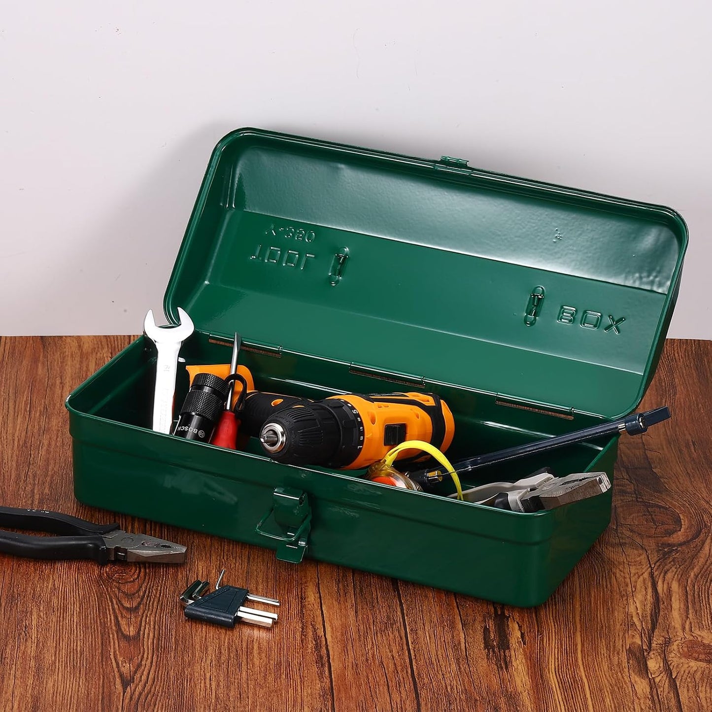  Sourcing Map Boîte à Outils Portable, 35,6 X 15,2 X 7,6 Cm, Boîte De Rangement En Acier, Boîte à Outils De Montagne, Loquet Unique En Métal Avec Poignée Pour Garage, Entrepôt, Atelier, Maison, Vert