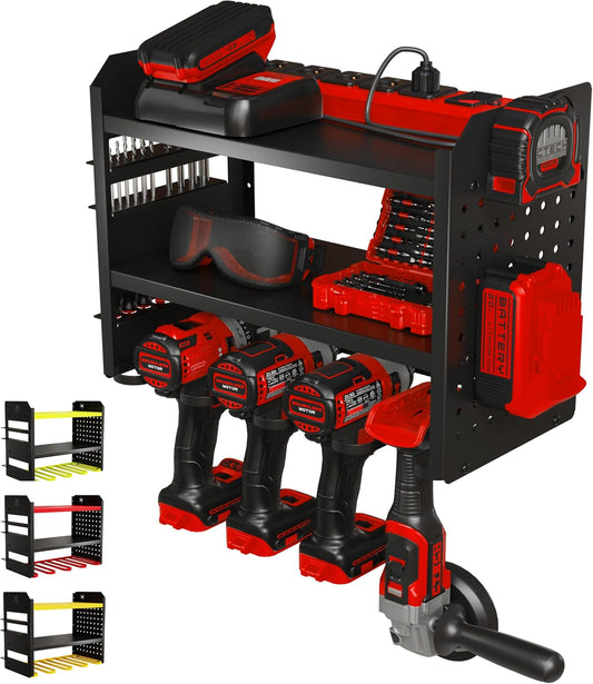  BUILTSTRONG Support Mural Pour Outils électriques – Étagère De Rangement à 3 Niveaux En Métal Robuste Pour Outils à Main, Supports Utilitaires, Porte-perceuse, Panneau Perforé, Et Plus Encore –