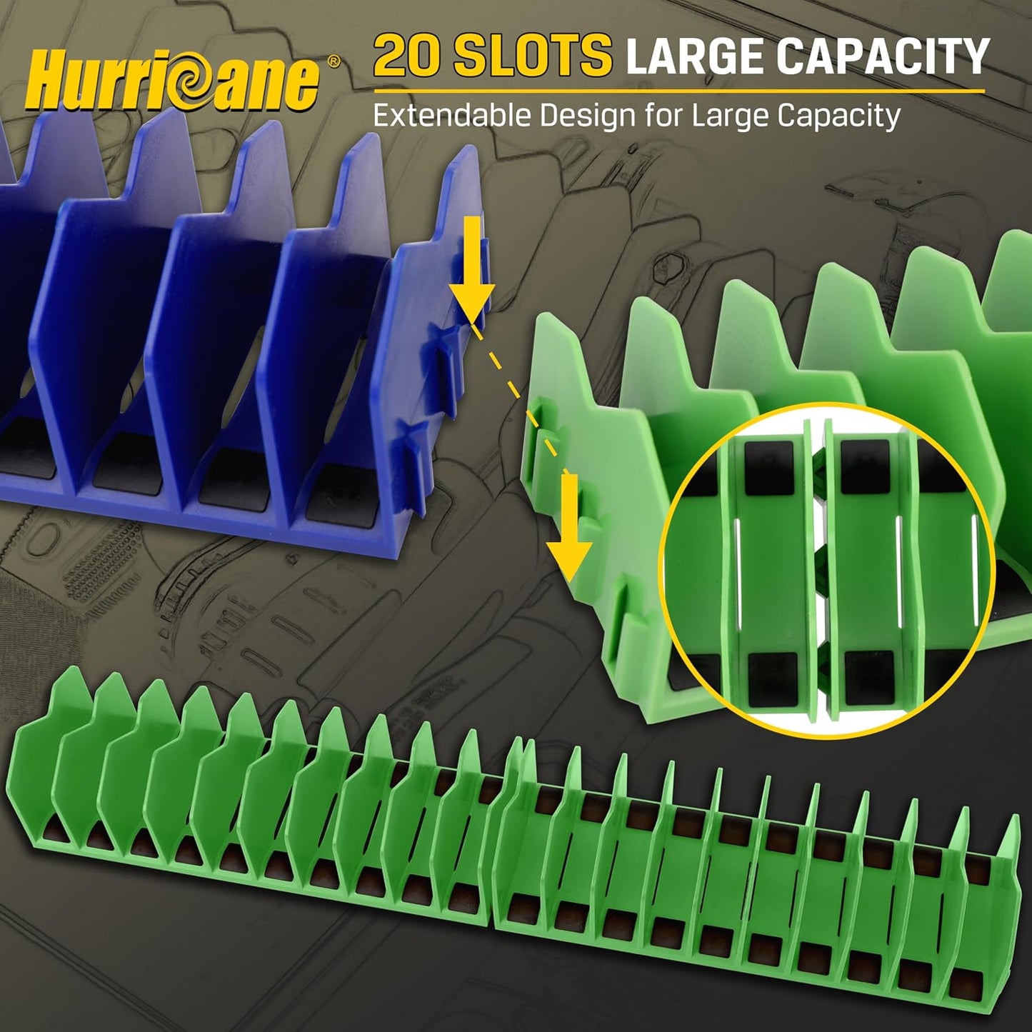  HURRICANE Lot De 2 Organiseurs De Pinces Avec Base En Caoutchouc Antidérapant, Design Extensible, Bleu Et Vert