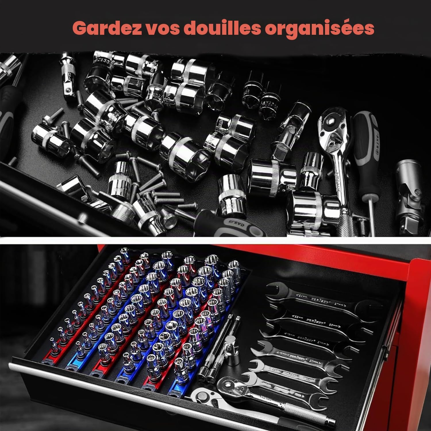  ACEBON Lot De 3 Rails à Douilles Magnétiques 1/4", 3/8" Et 1/2", Organisateur De Douilles En Aluminium Avec 40 Clips Rotatifs, Support De Douilles Magnétique Pour Garage, Atelier Et Boîte à Outils