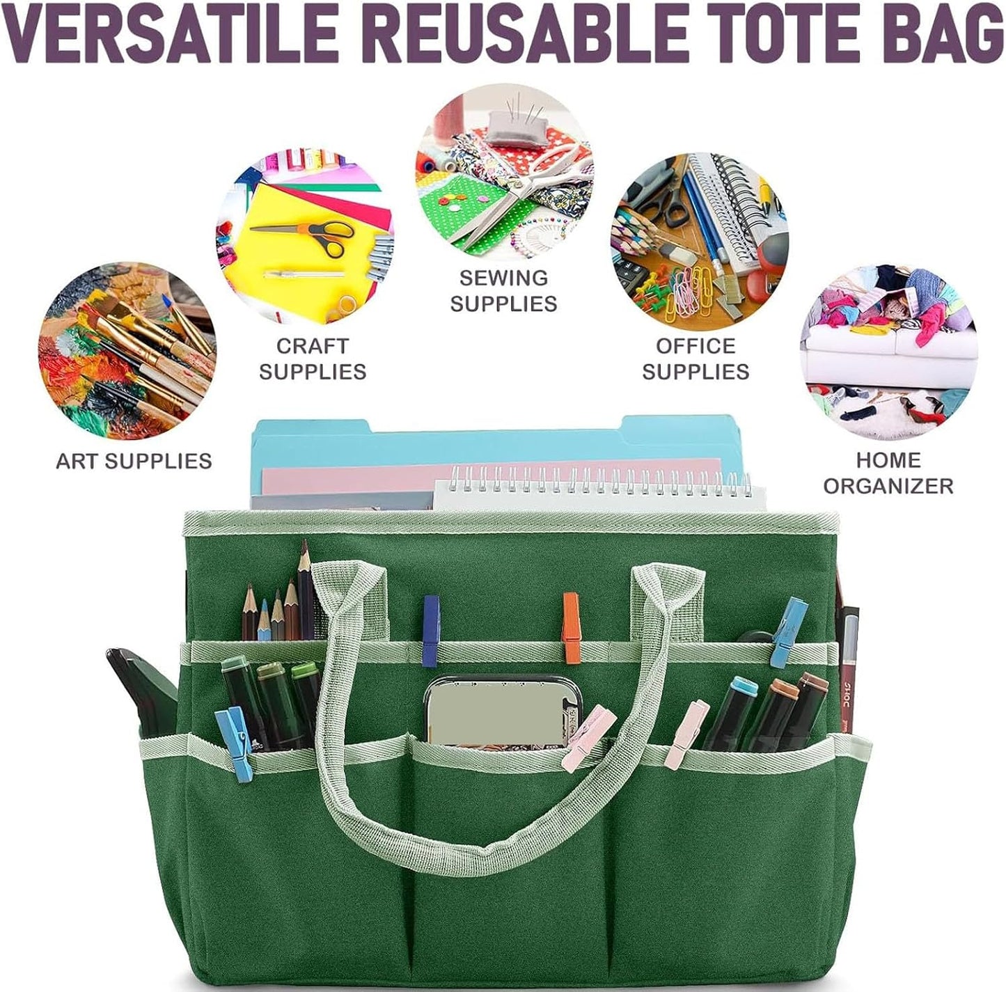  Srliya Sac De Rangement Artisanal 10 Poches En Tissu Oxford, Rangement Spacieux Pour Les Arts Et L'artisanat, Papeterie Pour Enseignant, Sac à Outils De Jardinage De Couture (Verte)