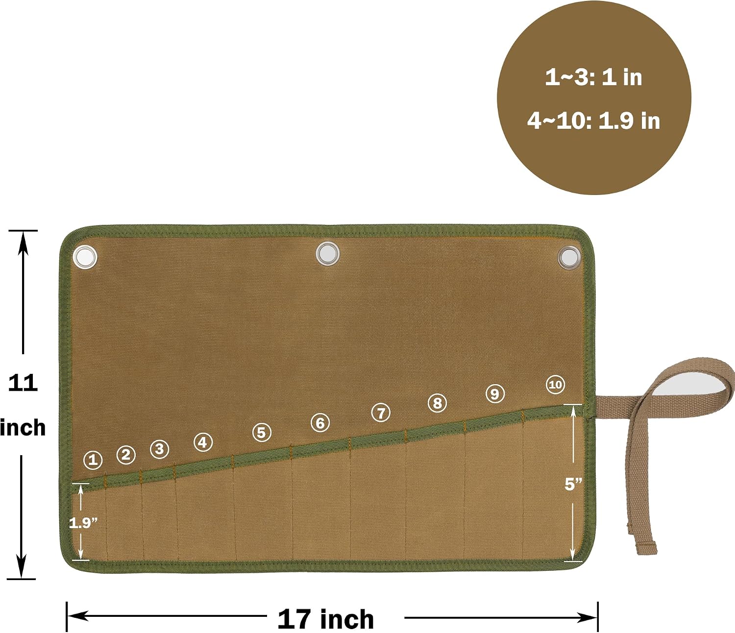  Sac De Rangement Pour Outils, 16 Oz En Toile Cirée, Résistant, 10 Poches, Métrique Et SAE, Porte-clé Avec œillets, Kaki, 45,7 Cm L X 38,5 Cm L