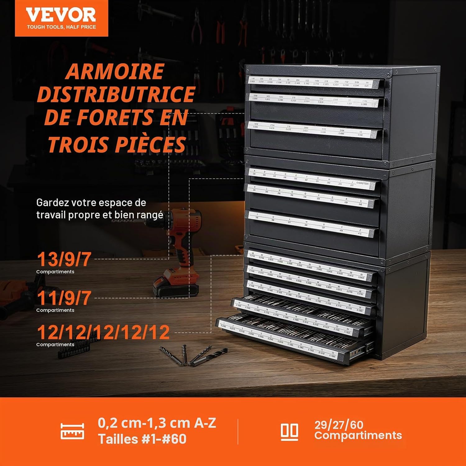  VEVOR Lot De 3 Organiseurs à Cinq Tiroirs à Trois Lettres Pour Tailles De Jauge De Fil, Empilables Pour Le Rangement Des Forets, Q235, Gris Avec Texture Orange, (0,6 Cm à 1,27 Cm) + (A à Z)+(#1 à #60)