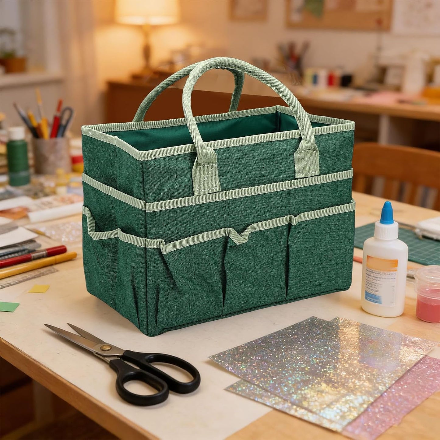  Srliya Sac De Rangement Artisanal 10 Poches En Tissu Oxford, Rangement Spacieux Pour Les Arts Et L'artisanat, Papeterie Pour Enseignant, Sac à Outils De Jardinage De Couture (Verte)
