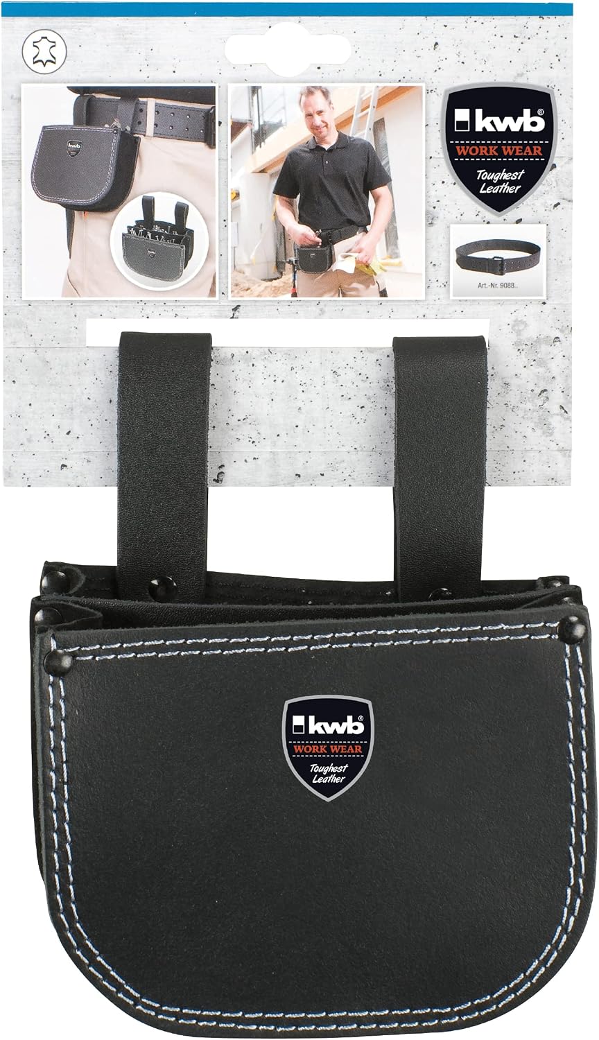  Kwb Sac à Ongles En Cuir Pour Couvreur Avec Deux Compartiments Et Passant De Ceinture Pour Accrocher Dans Un Double Compartiment Noir