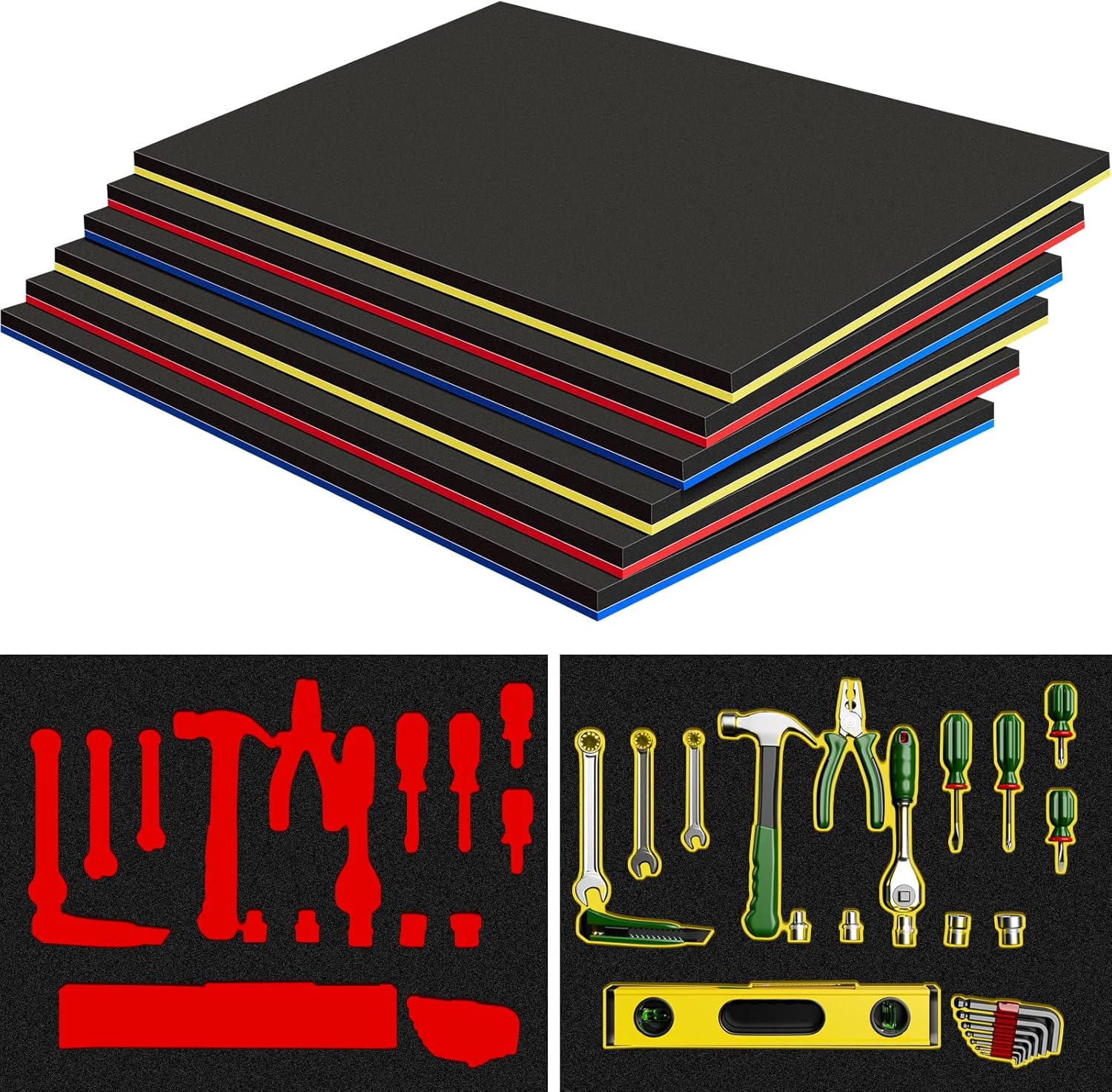  Fabbay Lot De 6 Organiseurs En Mousse Réglables Pour Boîte à Outils En Mousse - Inserts En Mousse Antidérapante Pour Boîte à Outils, Tiroirs, Armoire (43,2 X 55,9 Cm)