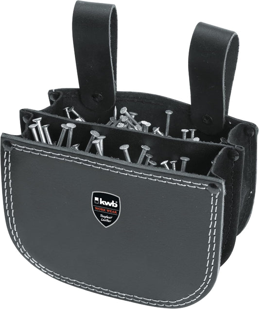  Kwb Sac à Ongles En Cuir Pour Couvreur Avec Deux Compartiments Et Passant De Ceinture Pour Accrocher Dans Un Double Compartiment Noir