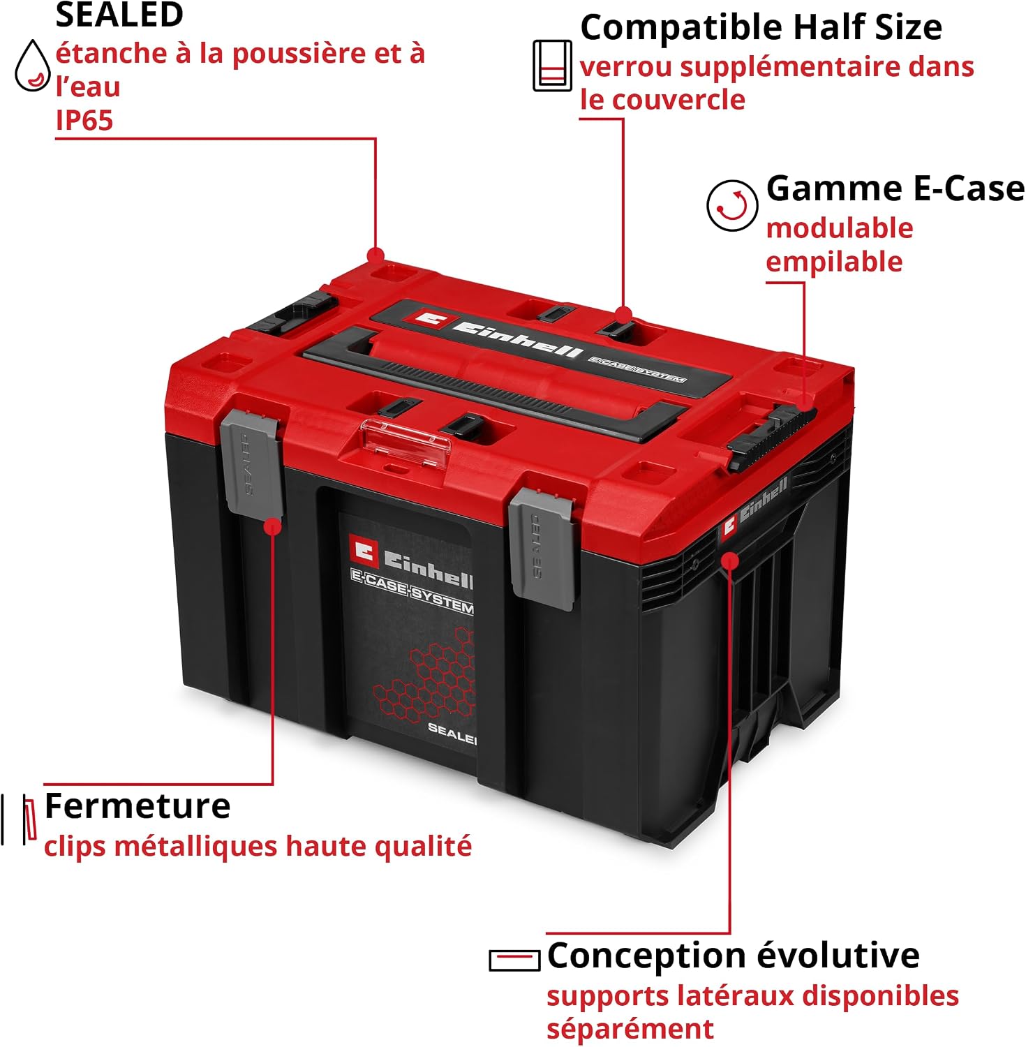  Einhell E-Case M SEALED (gamme E-Case, étanche à La Poussière Et Aux Projections D’eau, Compatible Avec Les Mallettes Half Size, 44 X 33 X 29 Cm, Charge Max. 90 Kg, Poignée)