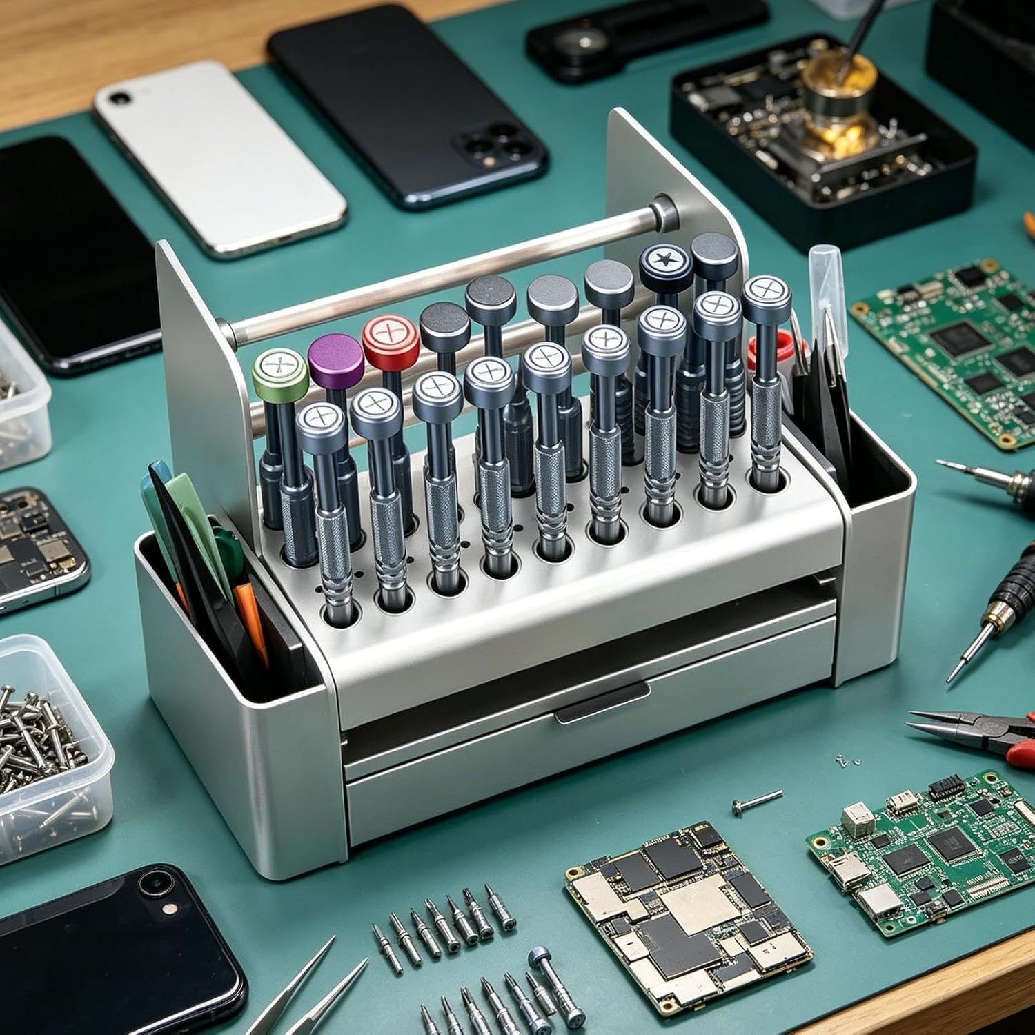  Organisateur D'Outils Pour Réparation De Téléphone - Avec Organiseur à Tiroirs Et Trous De Rangement,Boîte Rangement Pour Outils Réparation Téléphone | Pour Tournevis Soudure Huile Maison Bureau