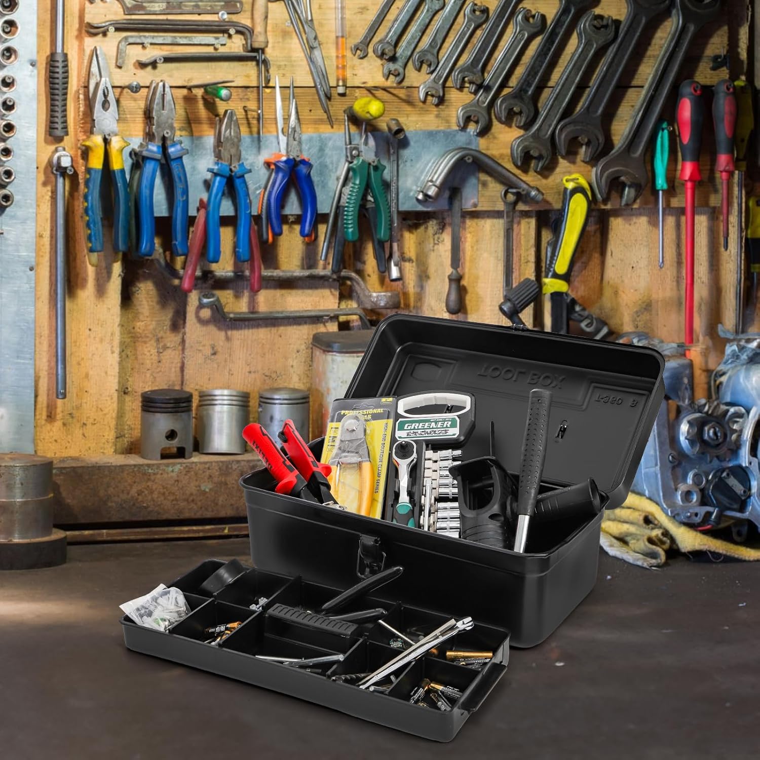  Tosnail Boîte à Outils En Métal De 35,6 Cm Avec Poignée, Fermeture à Loquet Et Plateau De Rangement Séparé Amovible, Organiseur D'outils Artisanaux, Noir