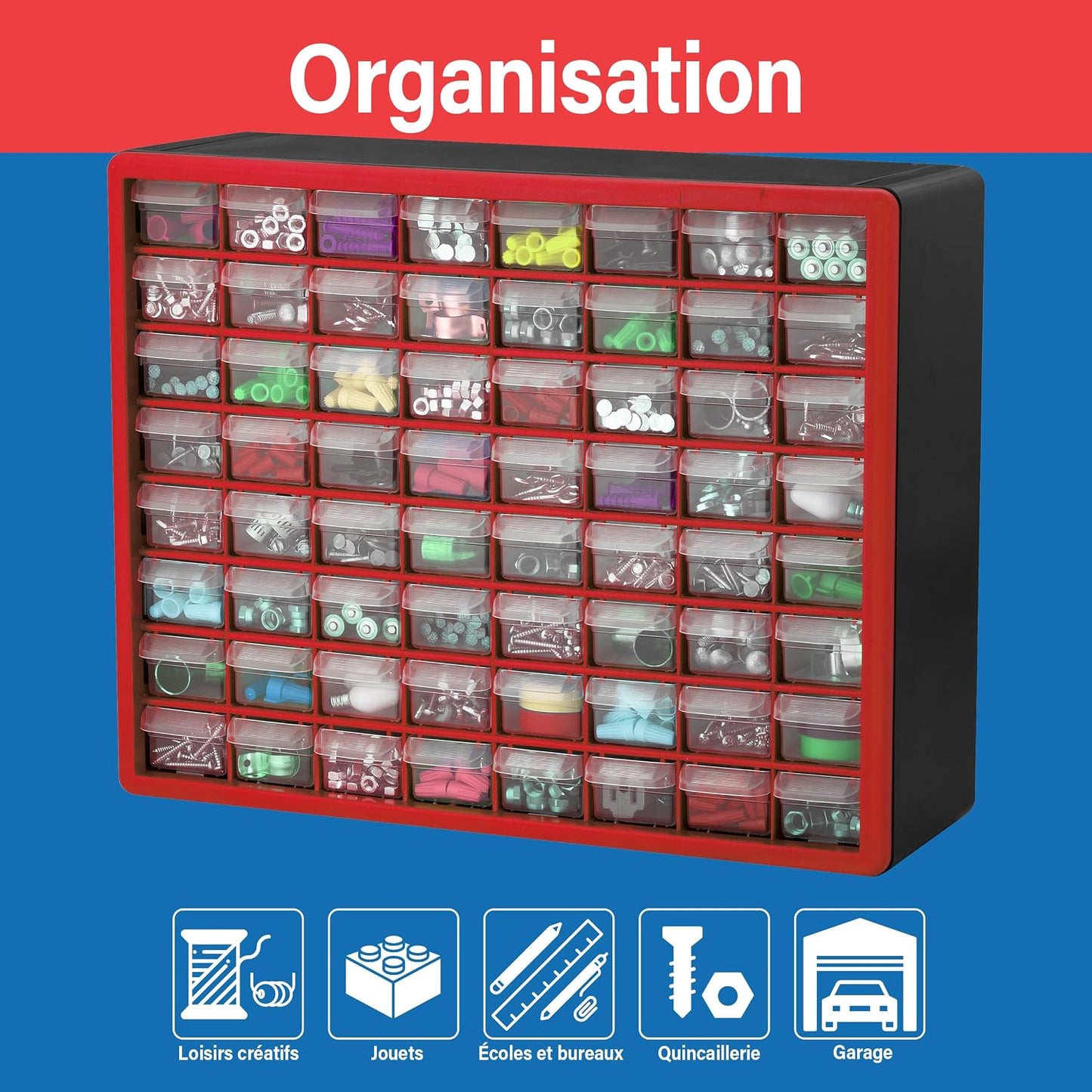  Akro-Mils 10164 64-Drawer Plastic Drawer Storage Cabinet For Garage Organization, Teacher Toolbox, Makeup Organizer, And More, 50,8 Cm W X 16 Cm D X 40,6 Cm H, Red