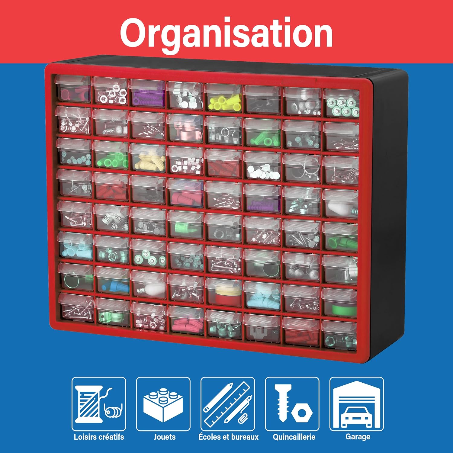  Akro-Mils 10164 64-Drawer Plastic Drawer Storage Cabinet For Garage Organization, Teacher Toolbox, Makeup Organizer, And More, 50,8 Cm W X 16 Cm D X 40,6 Cm H, Red